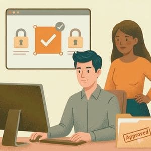מנהל סוקר ומאשר עיצוב של פוסט ברשתות החברתיות המציג וי סימון ירוק, כחלק מתהליך בקרת המותג ואישורי העיצובים של קנבה