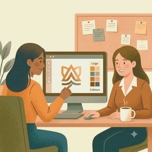 שתי מעצבות עובדות יחד על מסך מחשב המציג את ערכת המותג שלהן עם לוגו וצבעים, כחלק מהדרכה על מרכז המותג של קנבה לארגונים.